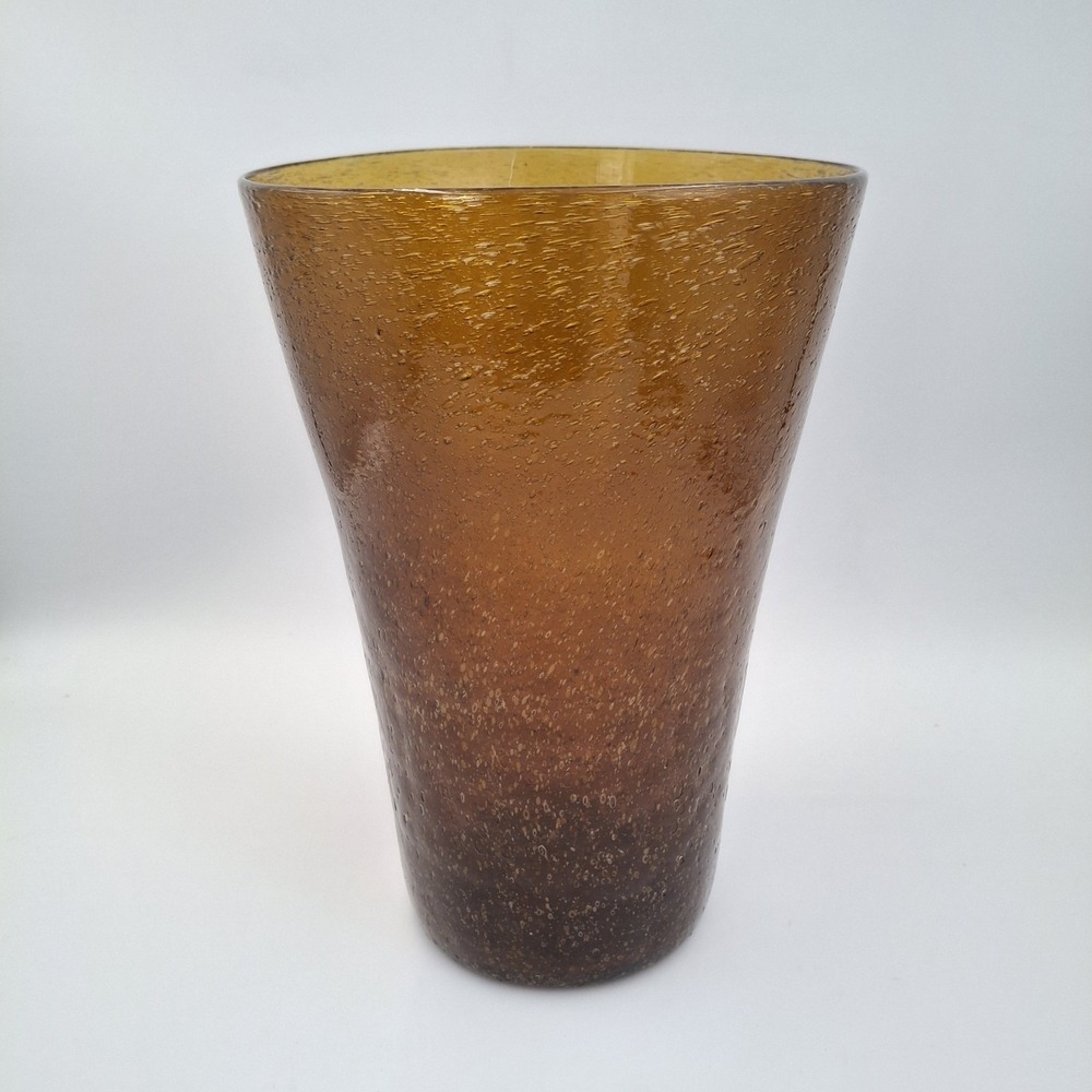 Vintage Amber Seeded‎ Glass Vase Hand Blown Conical Trumpet Shape 9" MCM